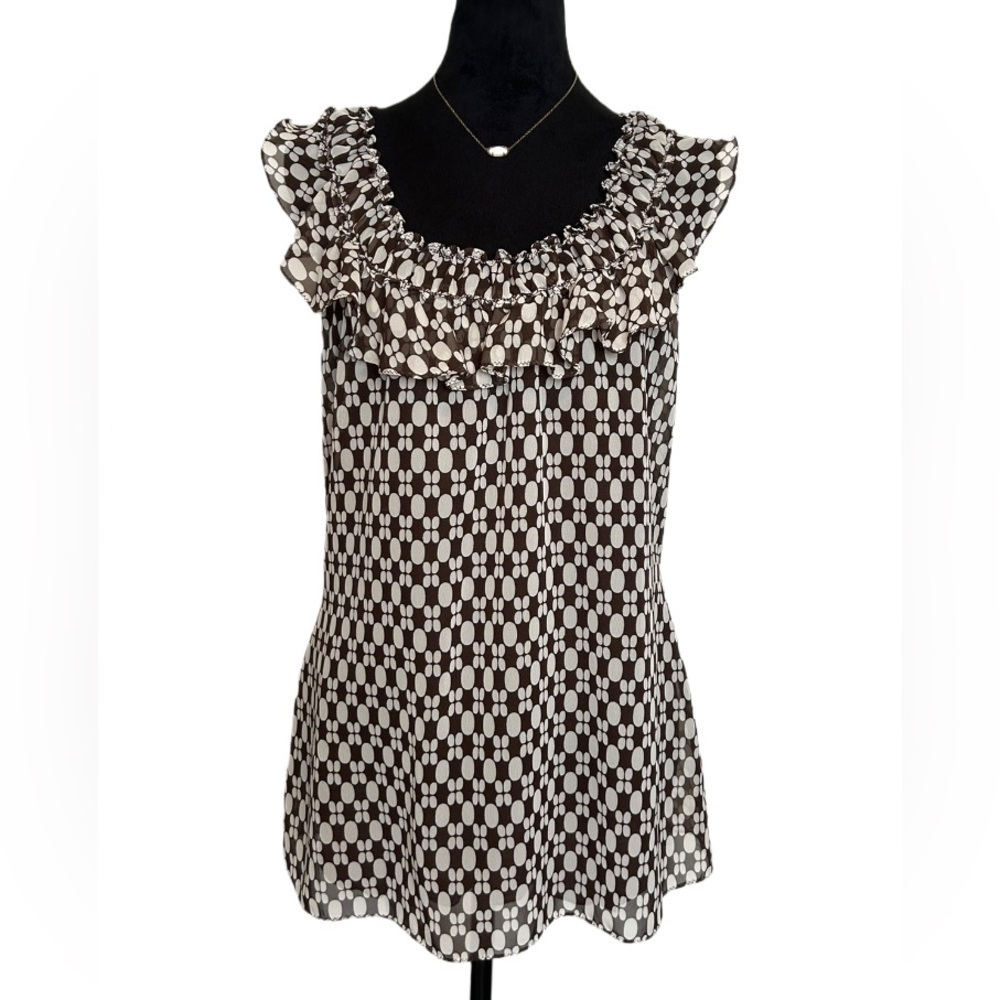NWT 🆕 Max Edition Medium Ruffled Round Neck Brown & White Short Sleeve Blouse